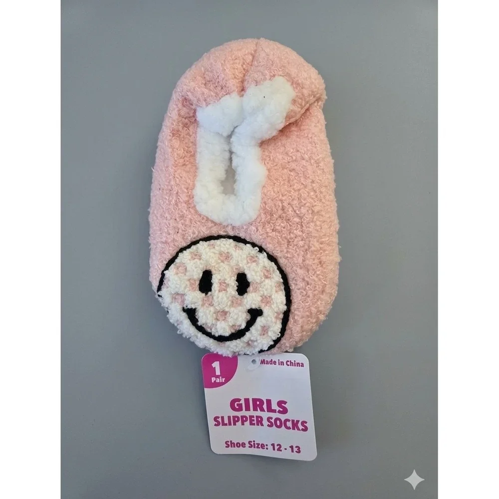 Girls Pink/White Slipper Socks Size 12-13 Faux‎ Fur Lined Smiley Slip-On